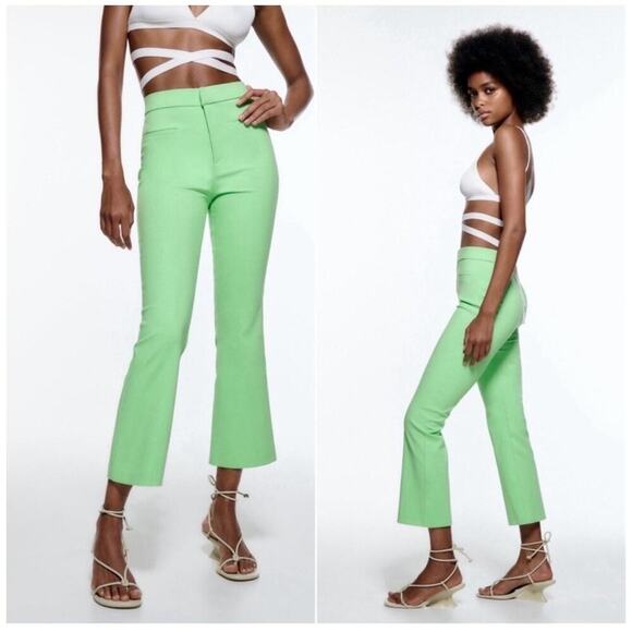 Zara High Rise Kick Flare Pants Neon Green Size Medium Retro Minimalist Trousers - Picture 1 of 6
